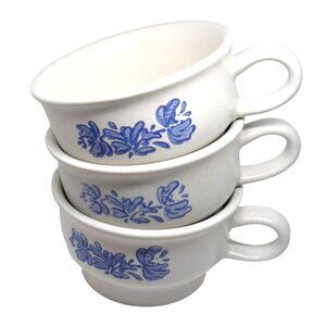 Set Of 3 Vintage Blue Floral Stoneware Coffee/Teacups Yorktowne Pfaltzgraff